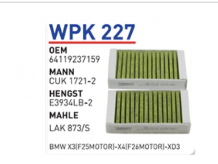 WPK 227 BMW X3 F25 MOTOR X4 F26 MOTOR 64119237159 Polen Filtresi
