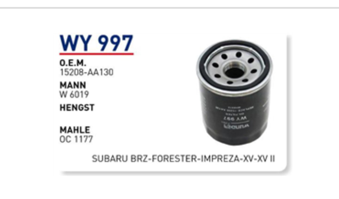WY 997 15208-AA130 SUBARU IMPREZA /BRZ/ FORESTER XV-XVII YAĞ FİLTRESİ