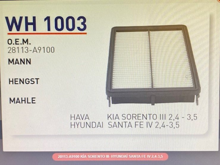 WH 1003 28113-A9100 KİA SORENTO III- HYUNDAİ SANTA FE IV 2.4-3.5 HAVA FİLTRESİ