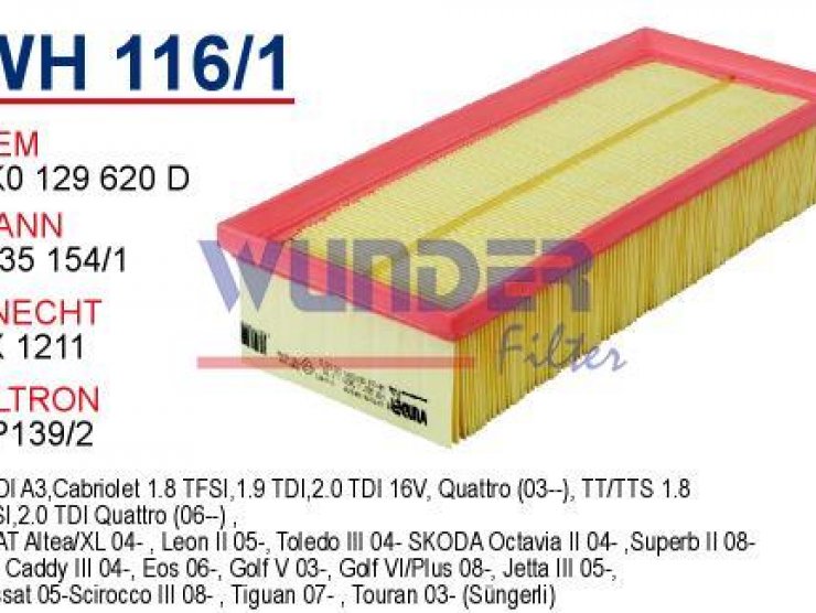 WH 116/1 VOLKSWAGEN GOLF V 1.9-2.0 - CADDY 1.9 TDI (SÜNGERLİ) 1K0 129 620 D Hava Filtresi