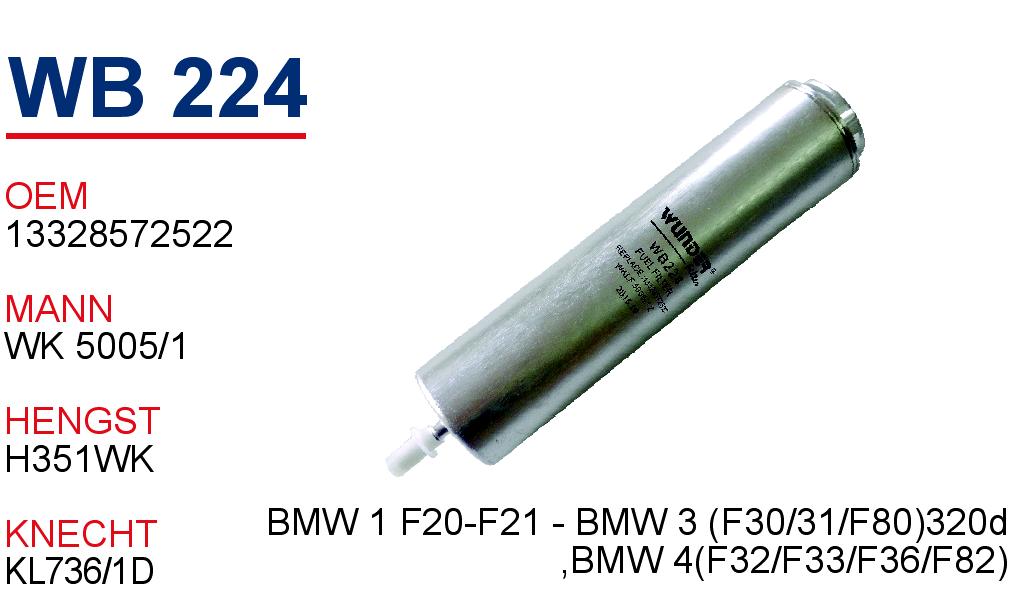 WB 224 BMW 1 F20-F21 - BMW 3 (F30/31/F80)320d ,BMW 4(F32/F33/F36/F82) 13328572522 Yakıt/Mazot Filtresi