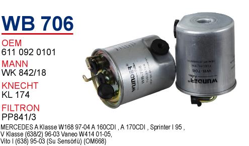 WB 706 MERCEDES SPRiNTER 413CDI-VANEO 1.7CDI-A160 CDI         668 MOTOR 611 092 0101 Yakıt/Mazot Filtresi