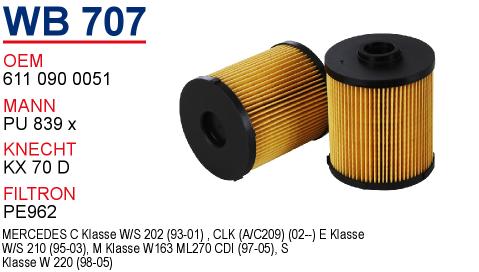 WB 707 MERCEDES 202 CDI-220 CDI-ML 270 CDI                          611-612 MOTOR 611 090 0051 Yakıt/Mazot Filtresi