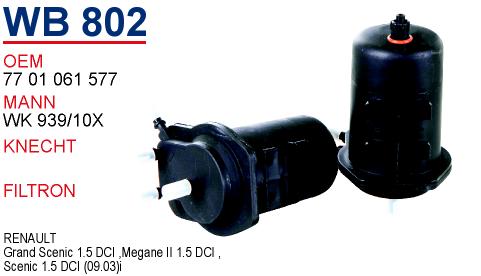 WB 802 RENAULT MEGANE  II - SCENiC II 1.5 DCI 77 01 061 577 Yakıt/Mazot Filtresi