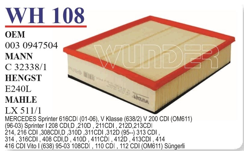WH 108 VOLKSWAGEN LT 35 (SÜNGERLi) 2D0 129 620 A Hava Filtresi