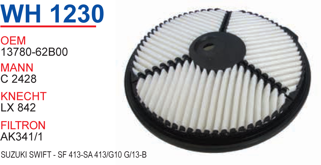 WH 1230 SUZUKi SWiFT - SF 413-SA 413/G10 G/13-B 13780-62B00 Hava Filtresi