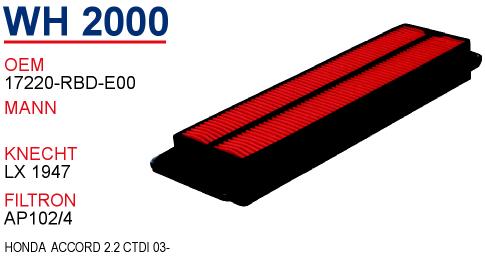 WH 2000 HONDA ACCORD 2.2 CTDİ  03- 17220-RBD-E00 Hava Filtresi