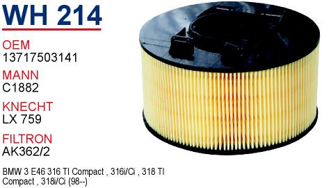 WH 214 BMW 3 SERiE   E46 - 316 Ti - 318 Ti                                    N42 13717503141 Hava Filtresi