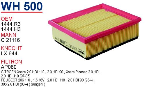 WH 500 PEUGEOT 206 SÜNGERLi 1444.H3 Hava Filtresi