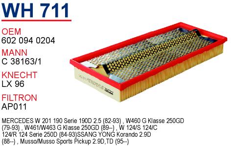 WH 711 MERCEDES 201 KASA 190 D 2.5 - 124 KASA 250 D 2.5 602 094 0204 Hava Filtresi