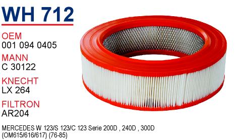 WH 712 MERCEDES 123 KASA 200 D - 240 D - 300 D   001 094 0405 Hava Filtresi