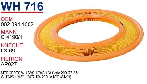 WH 716 MERCEDES 123 KASA 200 (80-85 ) - 124 KASA 200 (85-90)  KARB. 002 094 1602 Hava Filtresi