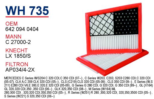WH 735 MERCEDES C320 CDİ - C350 CDİ - CLK320 CDİ   02-09 642 094 0404 Hava Filtresi