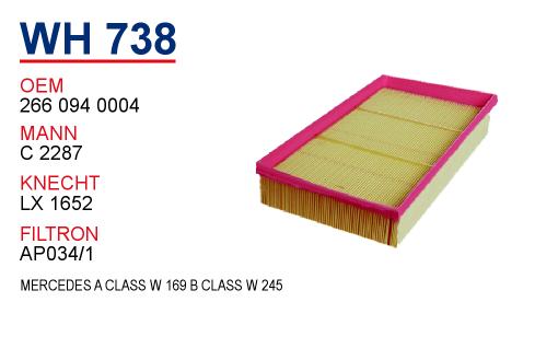 WH 738 MERCEDES A CLASS W 169 B CLASS W 245 266 094 0004 Hava Filtresi