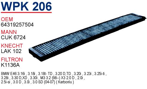 WPK 206 BMW 3 SERiE  E46   (KARBONLU) 64319257504 Polen Filtresi