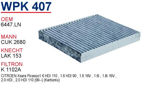 WPK 407 CITROEN XSARA PiCASSO (KARBONLU) 6447.LN Polen Filtresi