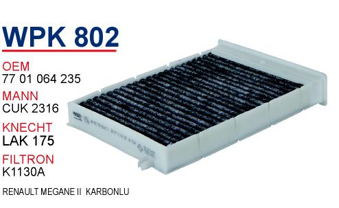 WPK 802 RENAULT MEGANE II  KARBONLU 77 01 064 235 Polen Filtresi