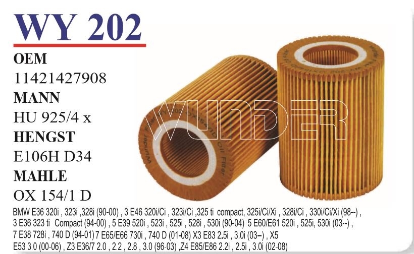 WY 202 BMW E36 - E39 - E46  M52 11427512300 Yağ Filtresi