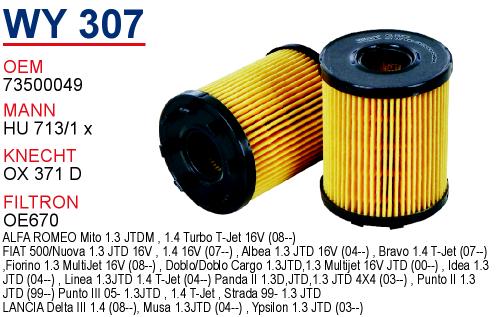 WY 307 OPEL CORSA C 1.3 CDTI 03-10 56 50 342 Yağ Filtresi