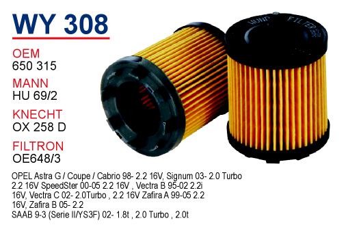 WY 308 OPEL VECTRA 2200 16v - CORSA 650 315 Yağ Filtresi