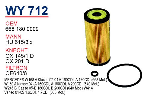 WY 712 MERCEDES 168 KASA A160 CDI- A170 CDI - VANEO CDI   668 MOTOR 668 180 0009 Yağ Filtresi