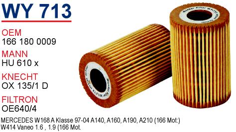 WY 713 MERCEDES 168 KASA A140 - A160 - A190 - VANEO 1.9 166 MOTOR 166 180 0009 Yağ Filtresi