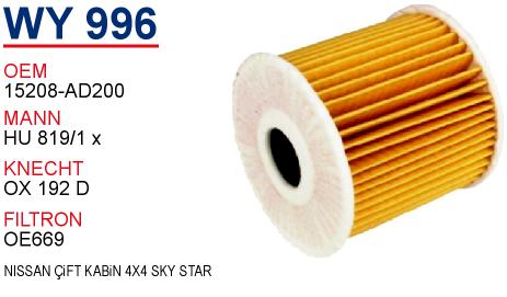 WY 996 NiSSAN ÇiFT KABiN 4X4 SKY STAR  15208-AD200 Yağ Filtresi